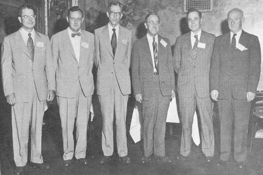 Group photograph from the Organic Reactions Dinner at Hotel Vanderbilt, New York City, September 6, 1951. Left to right: F. C. McGrew (DuPont), C. Niemann (California Institute of Technology), H. R. Snyder (University of Illinois), Roger Adams (University of Illinois and Editor-in-Chief), A. C. Cope (Massachusetts Institute of Technology), A. H. Blatt (Queens College).