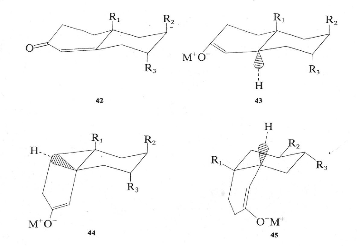 Four ring system structures labeled 42, 43, 44, and 45, showing transition states in enolate reduction reactions with R1, R2, R3 substituents and M-plus-O-minus counter-ions.